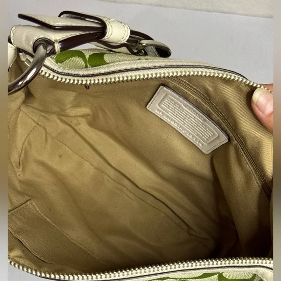 Coach APPLE GREEN Signature Canvas White Leather Trim Shoulder Bag